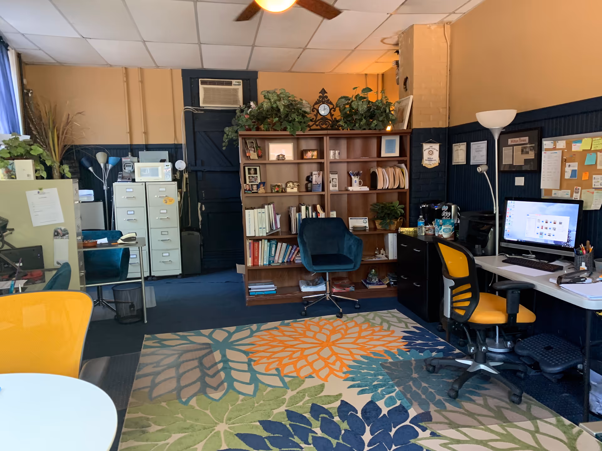 Office area with bookshelf, desk, computer, filing cabinets, and colorful rug.
