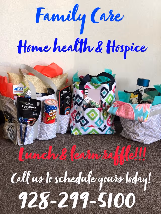 Colorful gift bags lined up on carpet beneath a Family Care Home Health and Hospice sign.