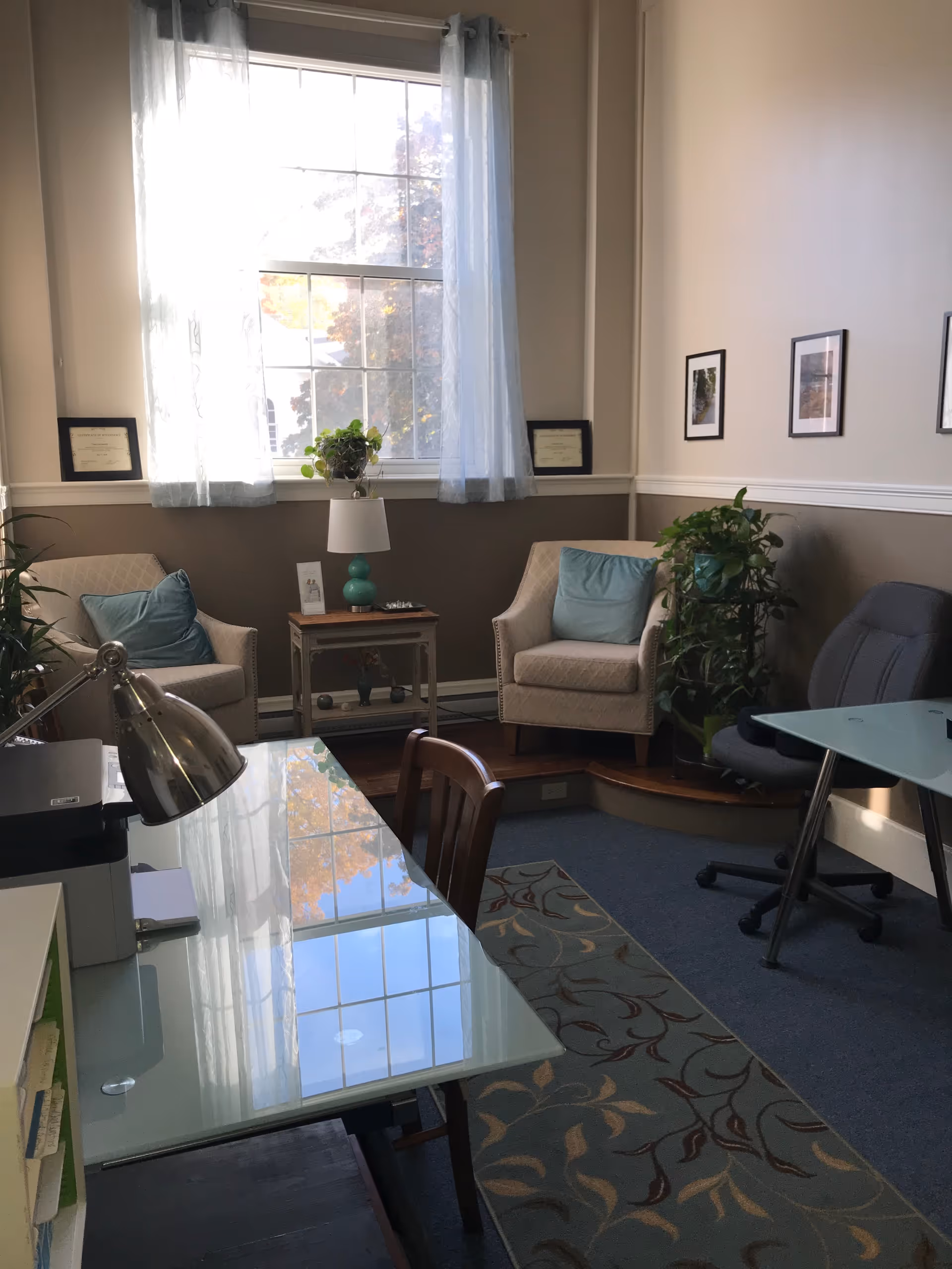 Bright interior lounge with beige armchairs, glass desk, plants, and a large window.
