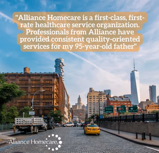 City street view with yellow taxi and skyline, overlaid Alliance Homecare quote.