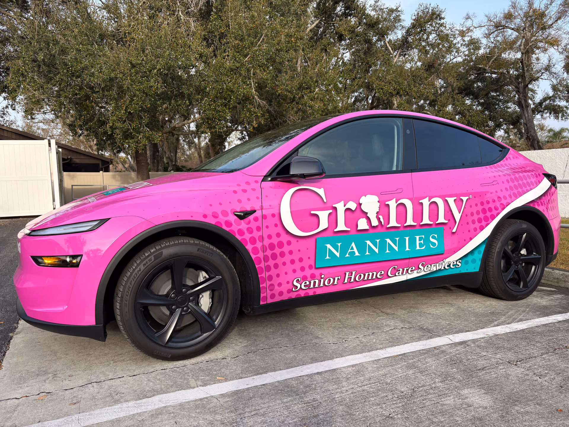 Bright pink Granny Nannies car with teal logo parked in a lot