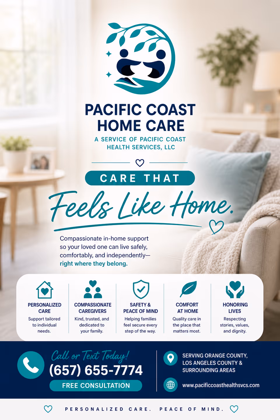 Interior living room with a seating area and Pacific Coast Home Care advertisement.