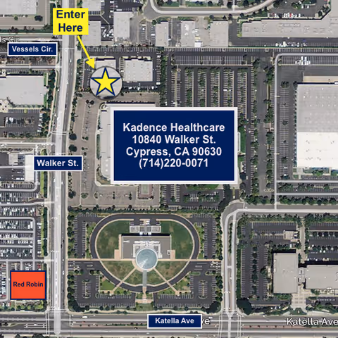 Aerial satellite map of Kadence Healthcare at Walker St, labeled entrance and streets.