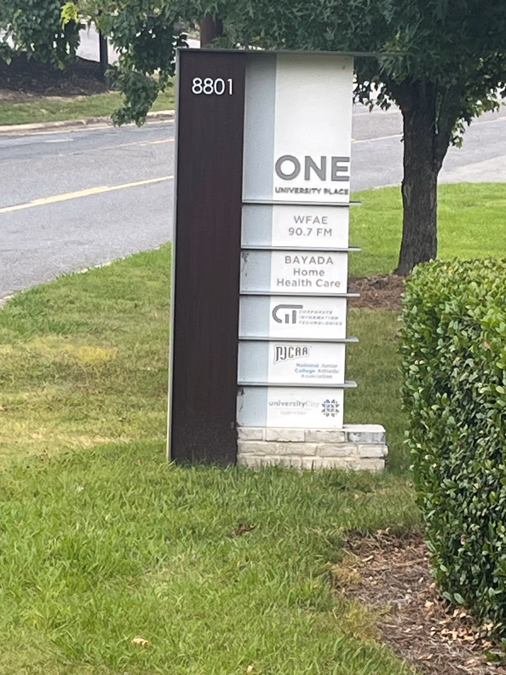 Outdoor sign on a grassy area displaying BAYADA Home Health Care and other logos.