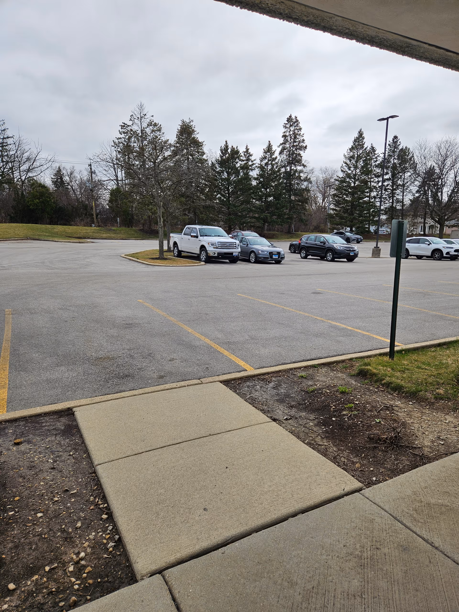 Exterior parking lot with several cars and leafless trees beyond a concrete sidewalk.