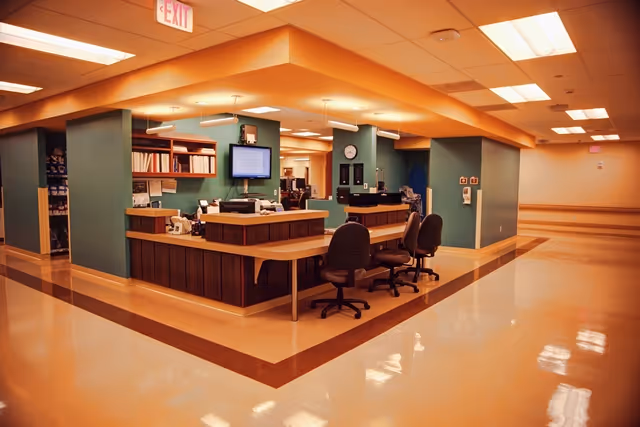 Interior of West Park Hospital lobby with a reception desk, computers, and seating.