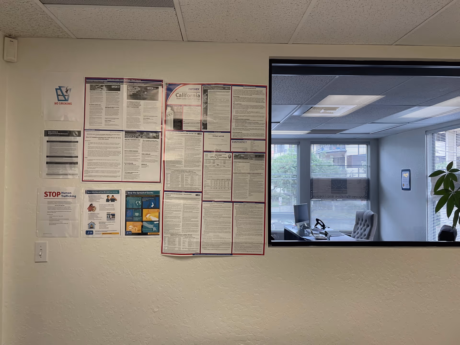 Bulletin boards full of documents on a wall beside a windowed office.