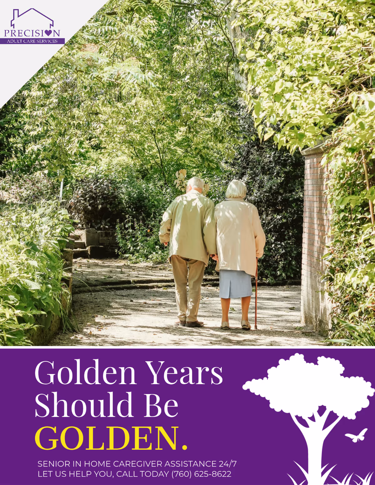 Two elderly people walk along a sunlit garden path beside greenery.