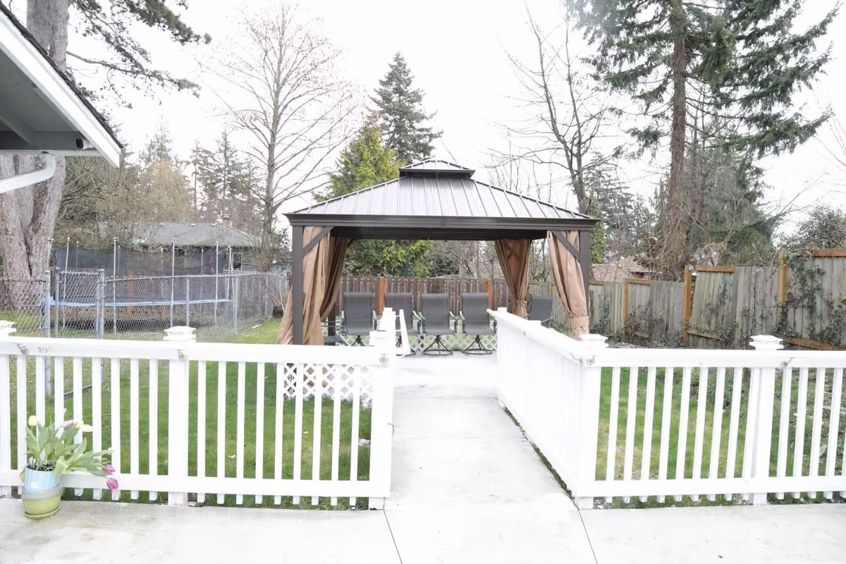 Outdoor gazebo with curtains and lounge chairs in a fenced backyard.