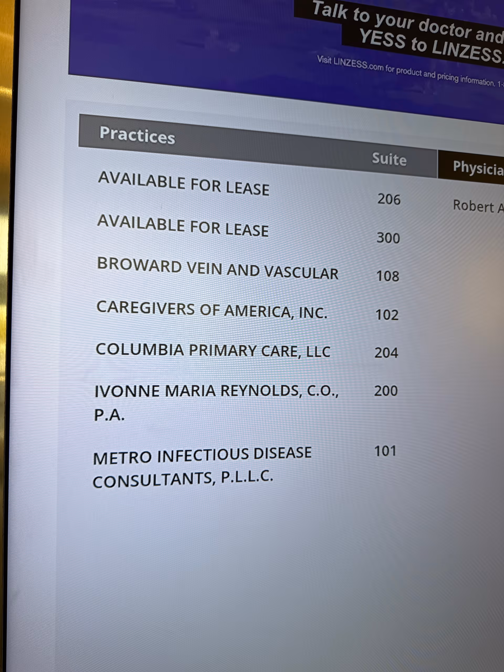 Interior screen in CareGivers of America facility shows a lease directory of practices with suite numbers.