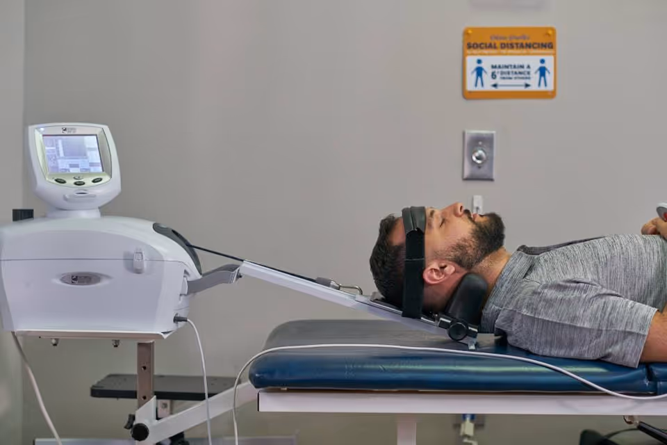 Patient lies on a treatment table beside a medical device in a clinical rehabilitation room.