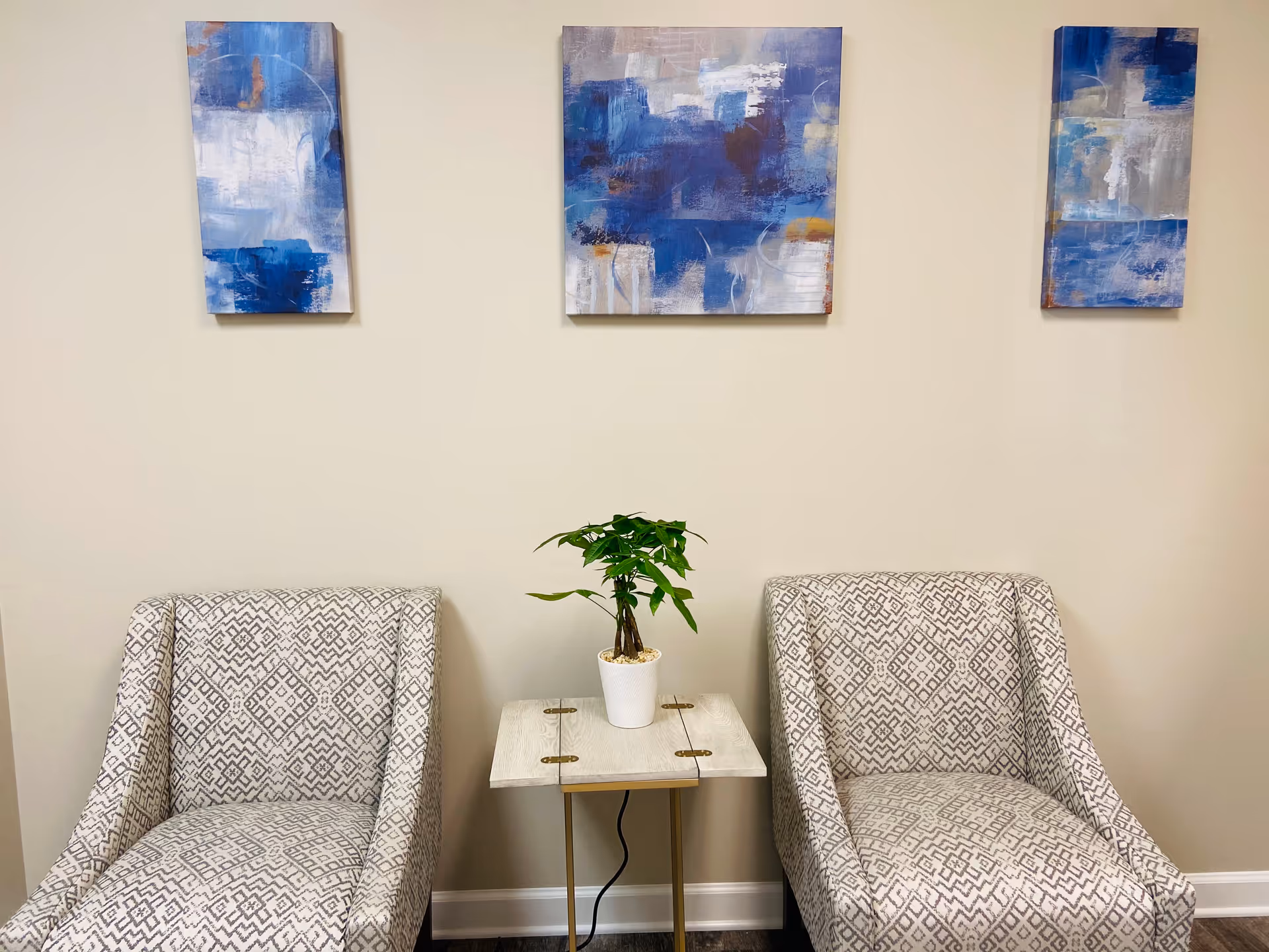 Two patterned lounge chairs flank a small table with a potted plant against a beige wall.