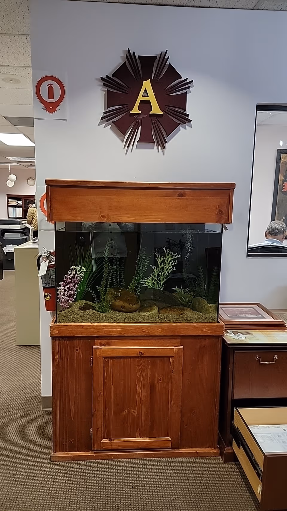 Wooden aquarium cabinet with a large fish tank and plants in a lobby.