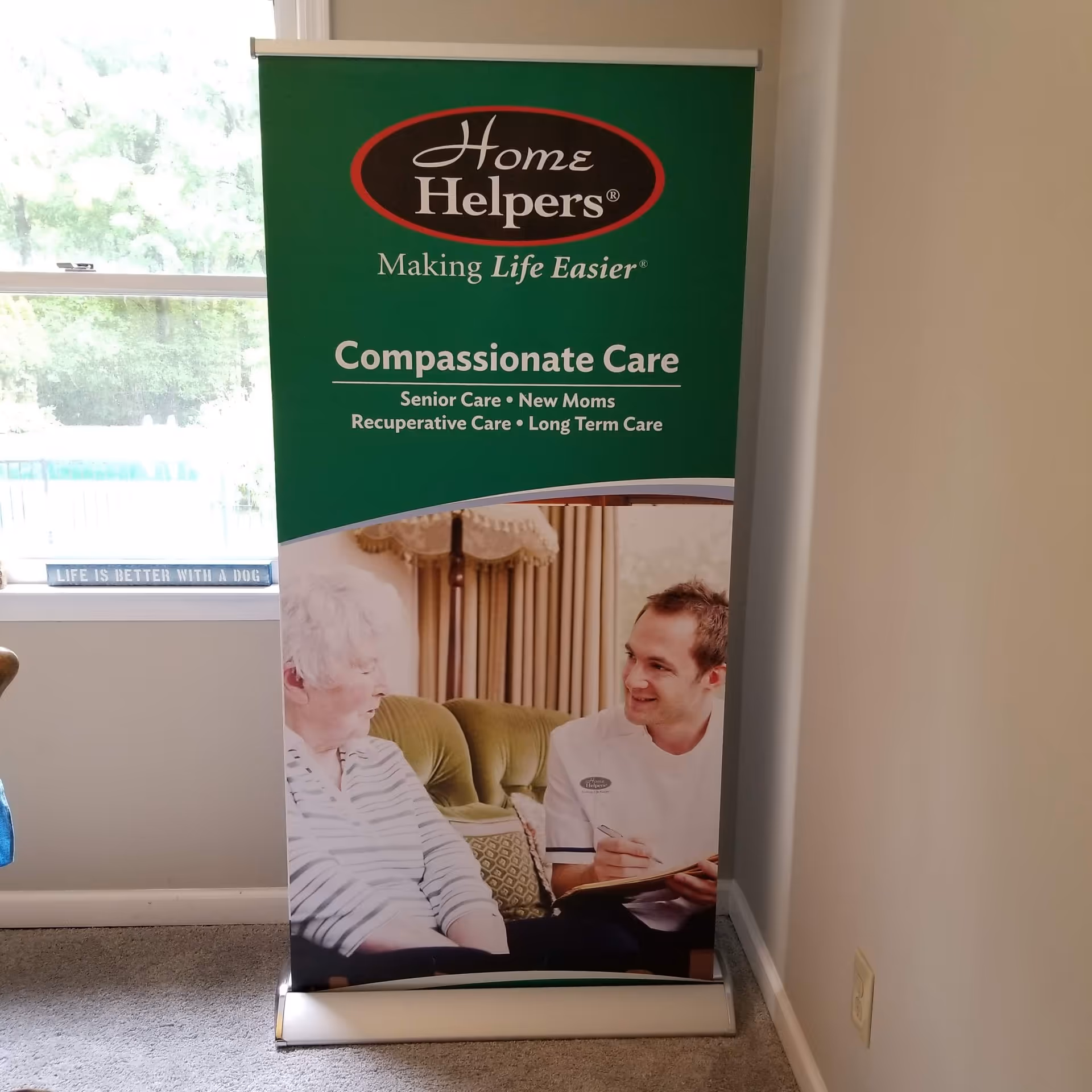 Green Home Helpers banner in an interior, advertising compassionate senior care.