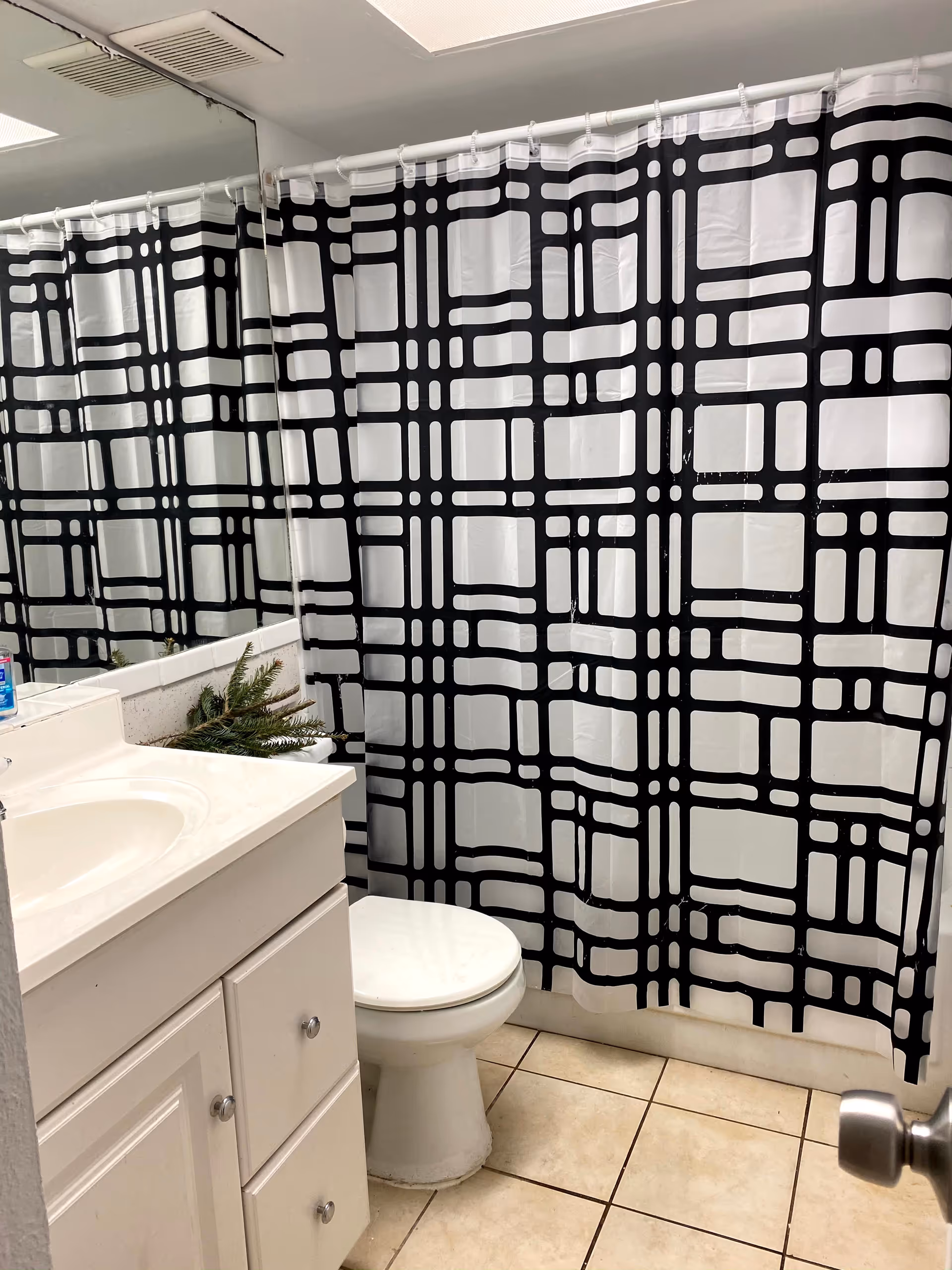 Bathroom in a senior living facility featuring white vanity, toilet, and patterned shower curtain.
