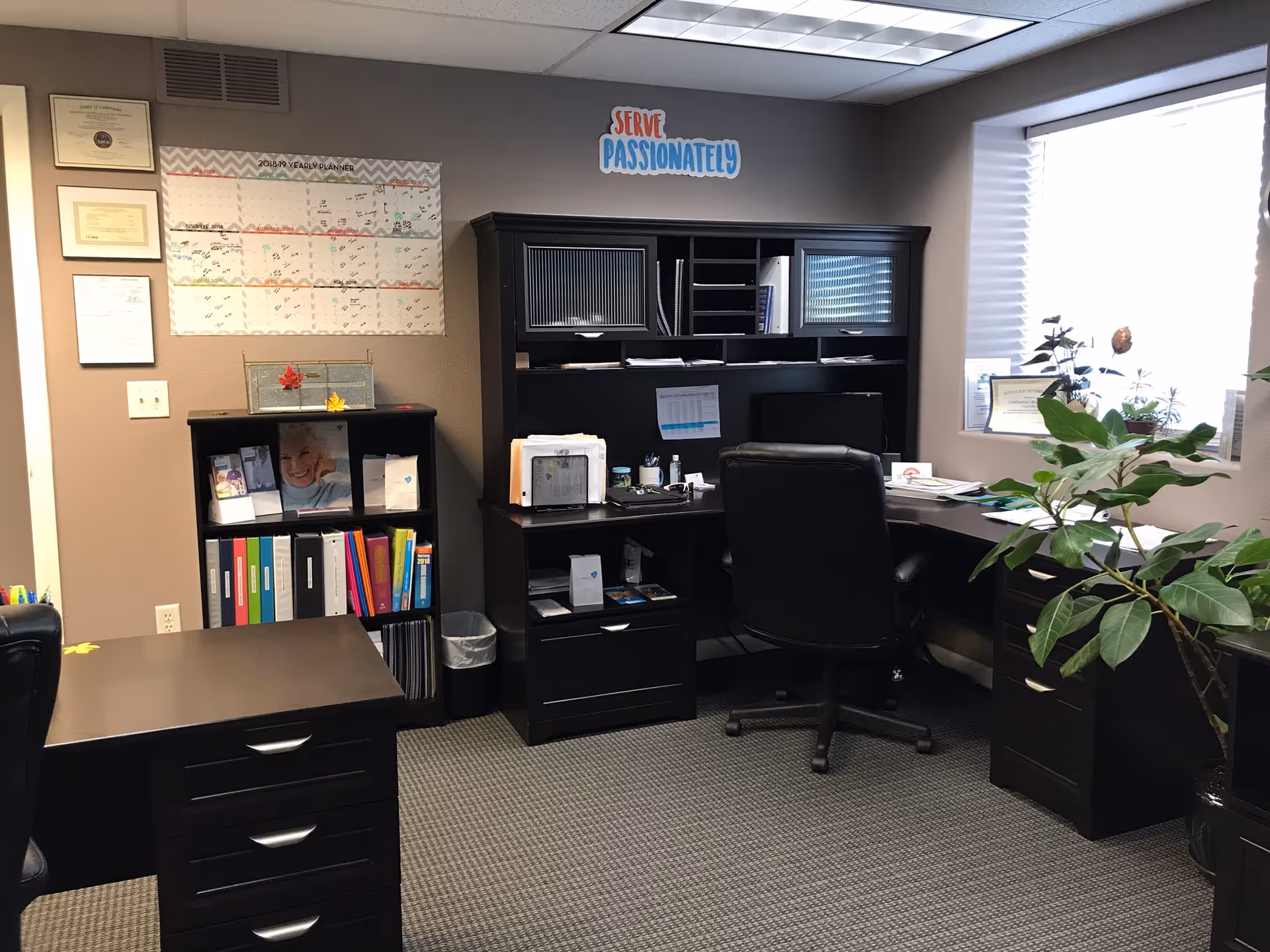 An office area with dark wood desks, a chair, shelves, plant, and bright window light.