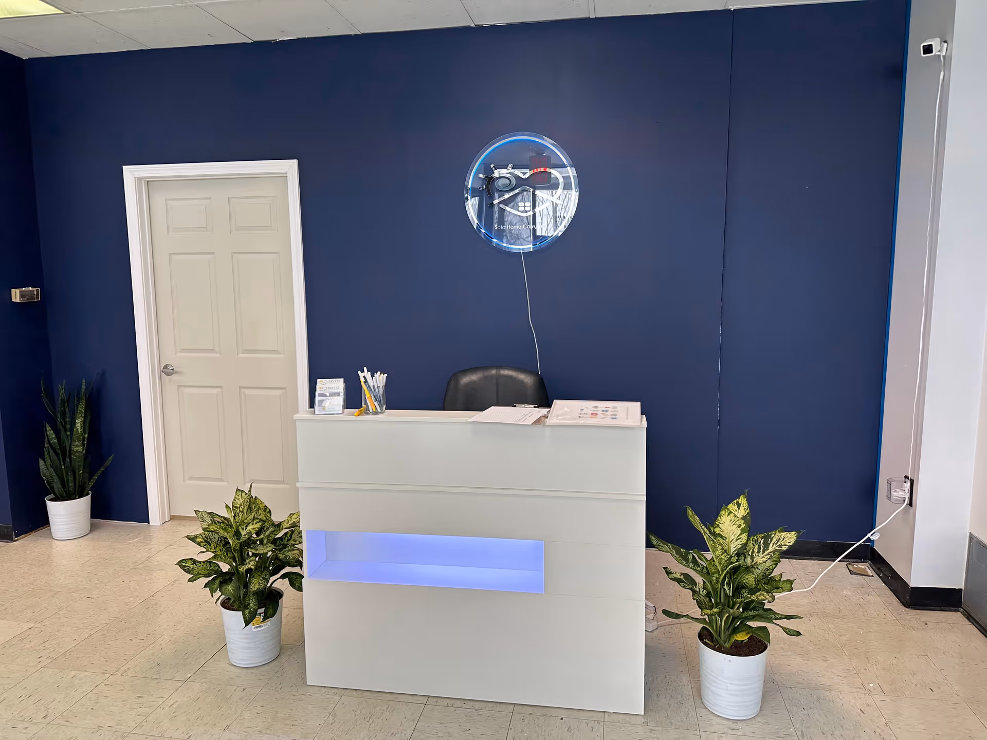 Reception desk against a blue wall with a circular logo, chair, and plants.
