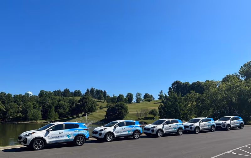 Line of Visiting Angels branded cars parked in an outdoor lot beside a lake.