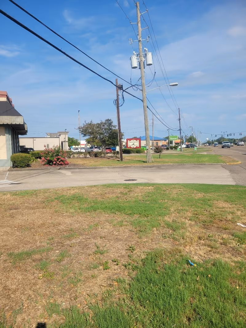 Wide outdoor street scene with power lines, a grassy patch, and distant storefronts.