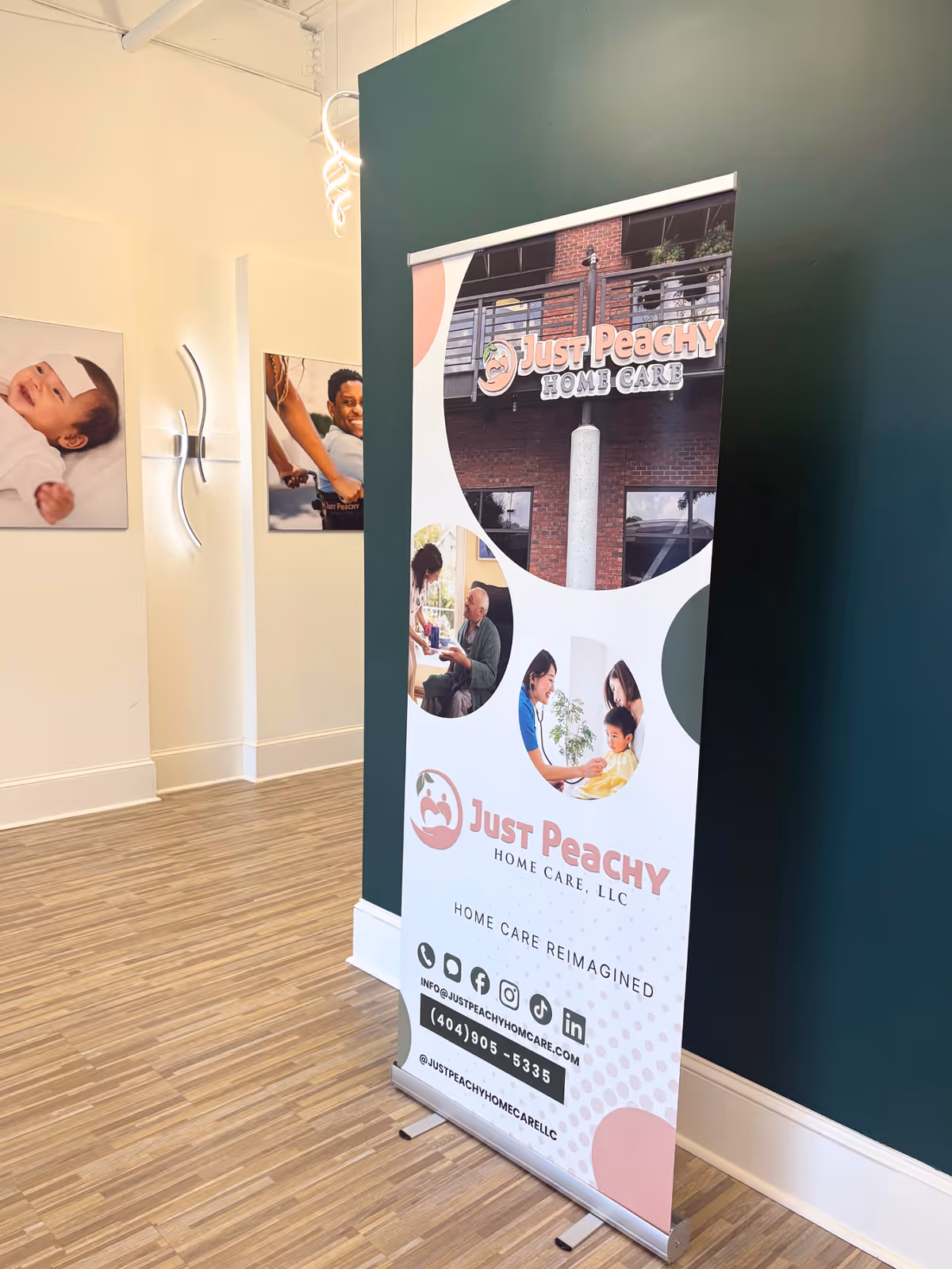 Vertical banner for Just Peachy Home Care in a modern hallway interior.