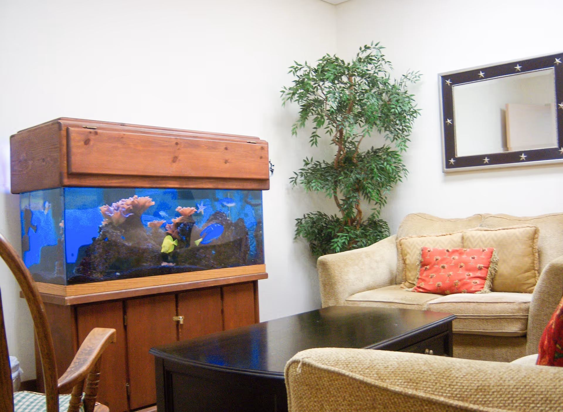 Cozy living room corner with sofa, coffee table, aquarium, plant, and wall mirror.
