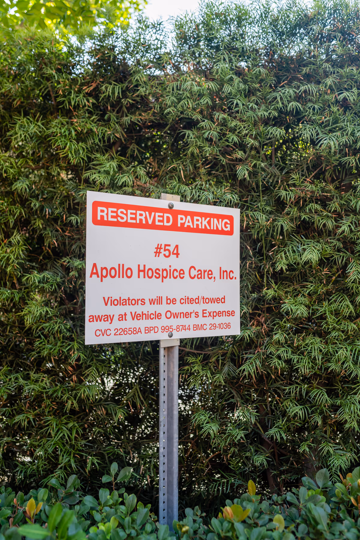 A white reserved parking sign for Apollo Hospice Care sits among green bushes.