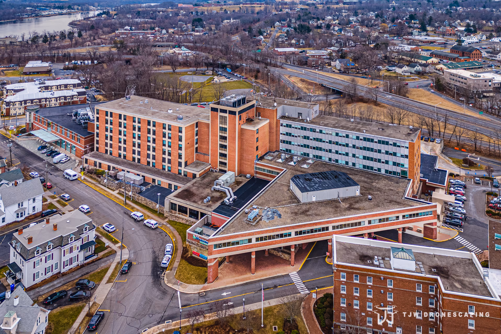 Aerial view of Middlesex Hospital campus with parking and surrounding streets.