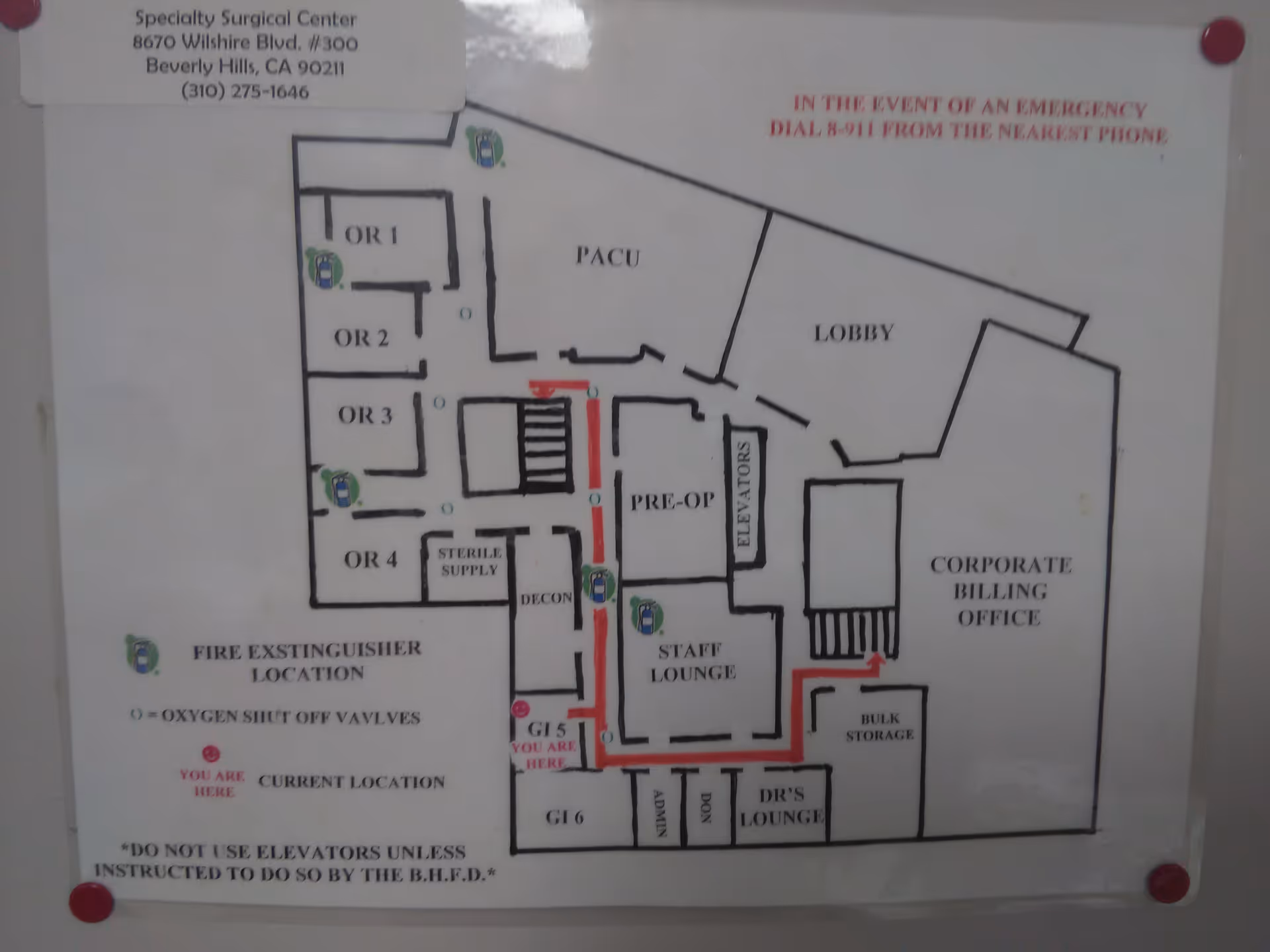 Floor plan of a surgical center showing lobby, pre-op, elevators, and offices.