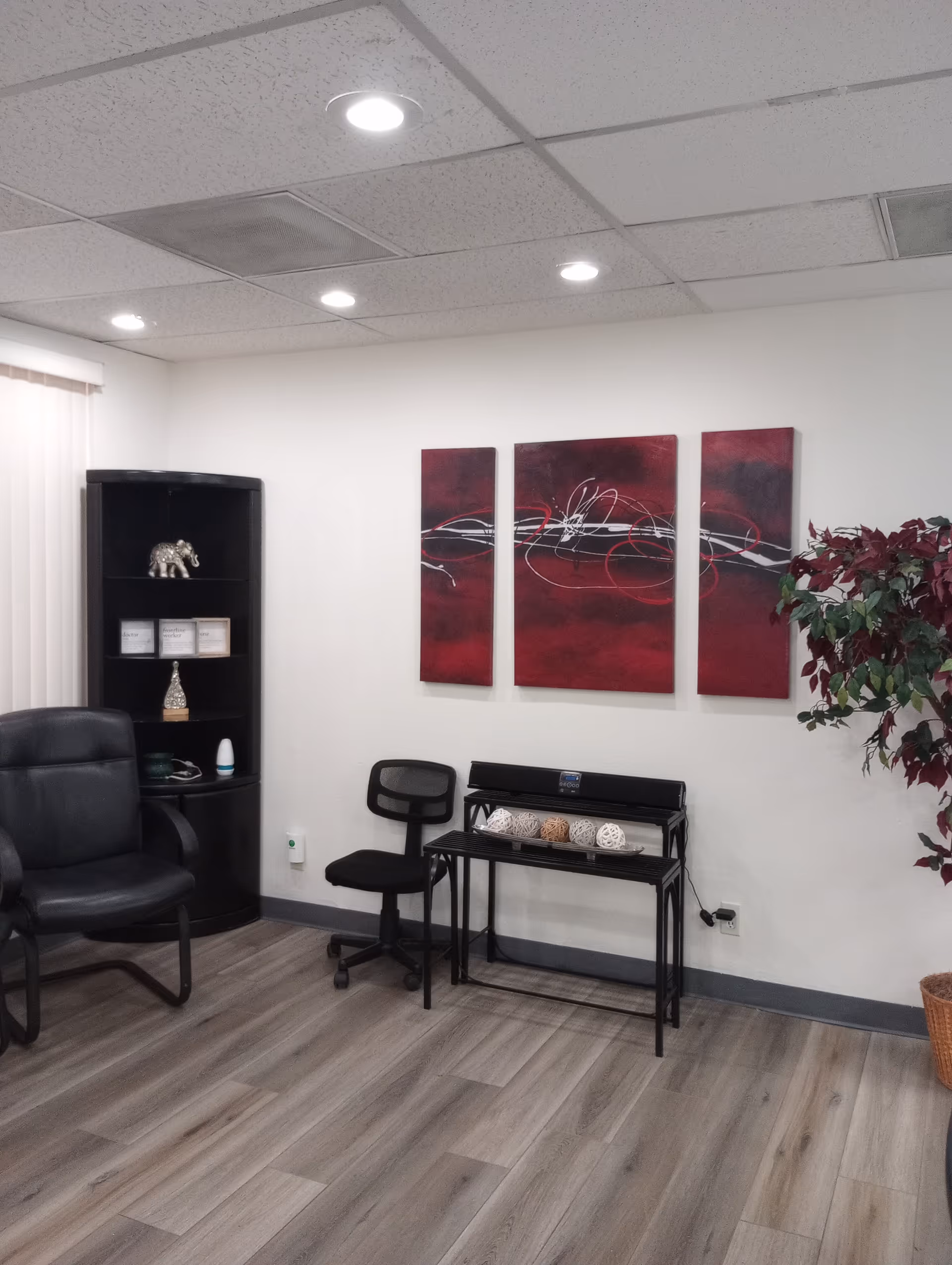 Indoor lounge area with black chair, desk, wall art, shelves, and potted plant.