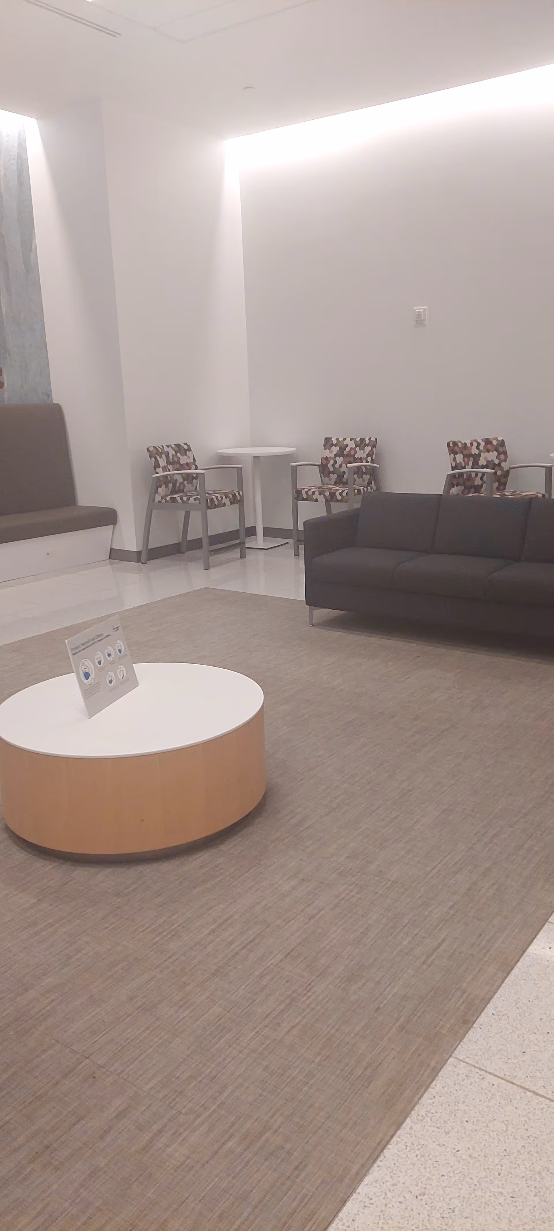 Modern lounge area with a gray sofa, patterned chairs, and a round coffee table.