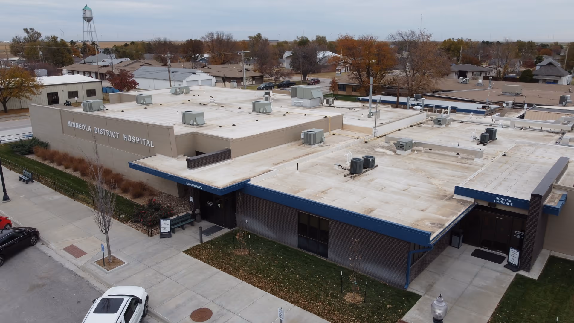 Aerial view of Minneola District Hospital exterior with rooftop equipment and surrounding streets