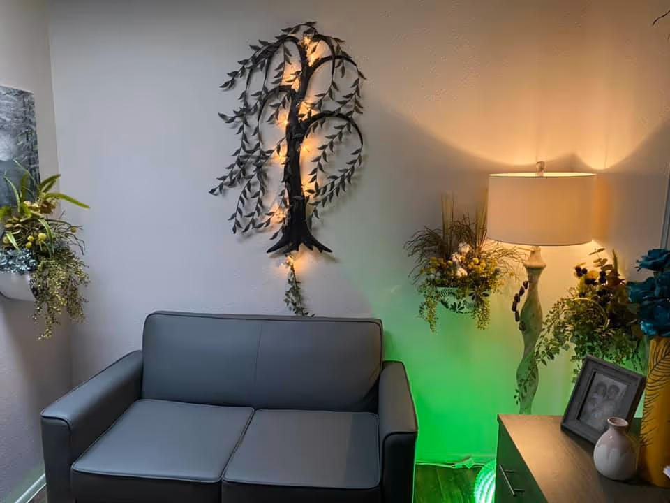 Cozy living room with a gray sofa, decorative wall art, and potted plants.