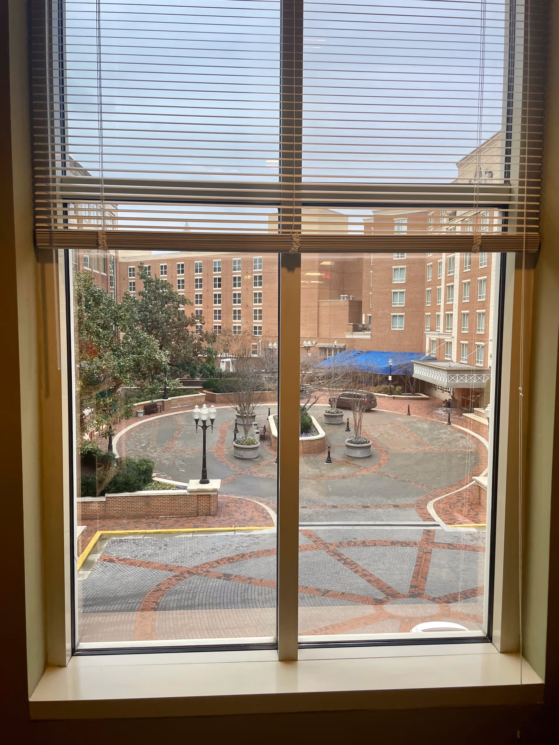 Indoor view through blinds of a brick courtyard with lampposts and planters.