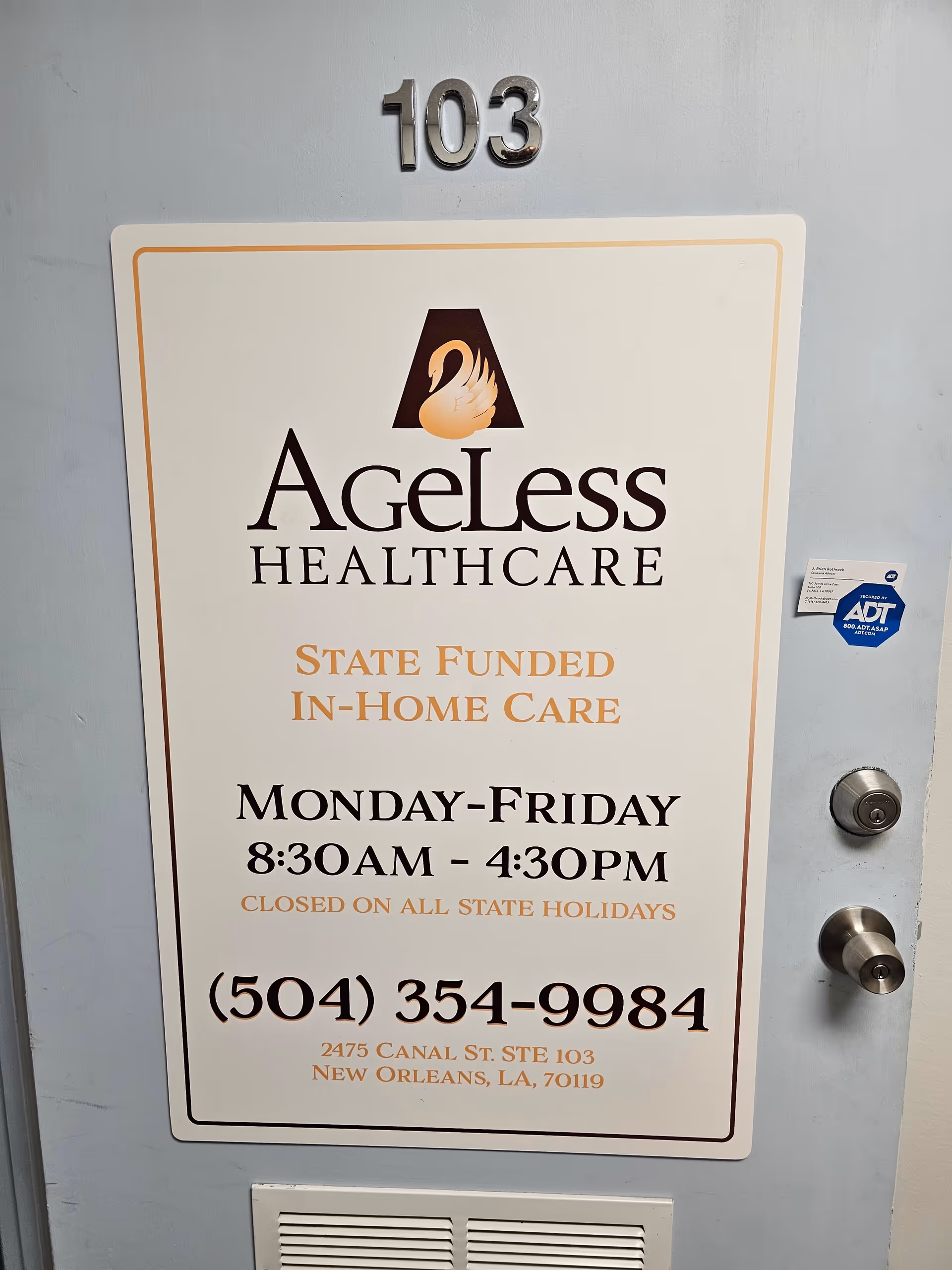 Door marked 103 with a large Ageless Healthcare sign and business hours.