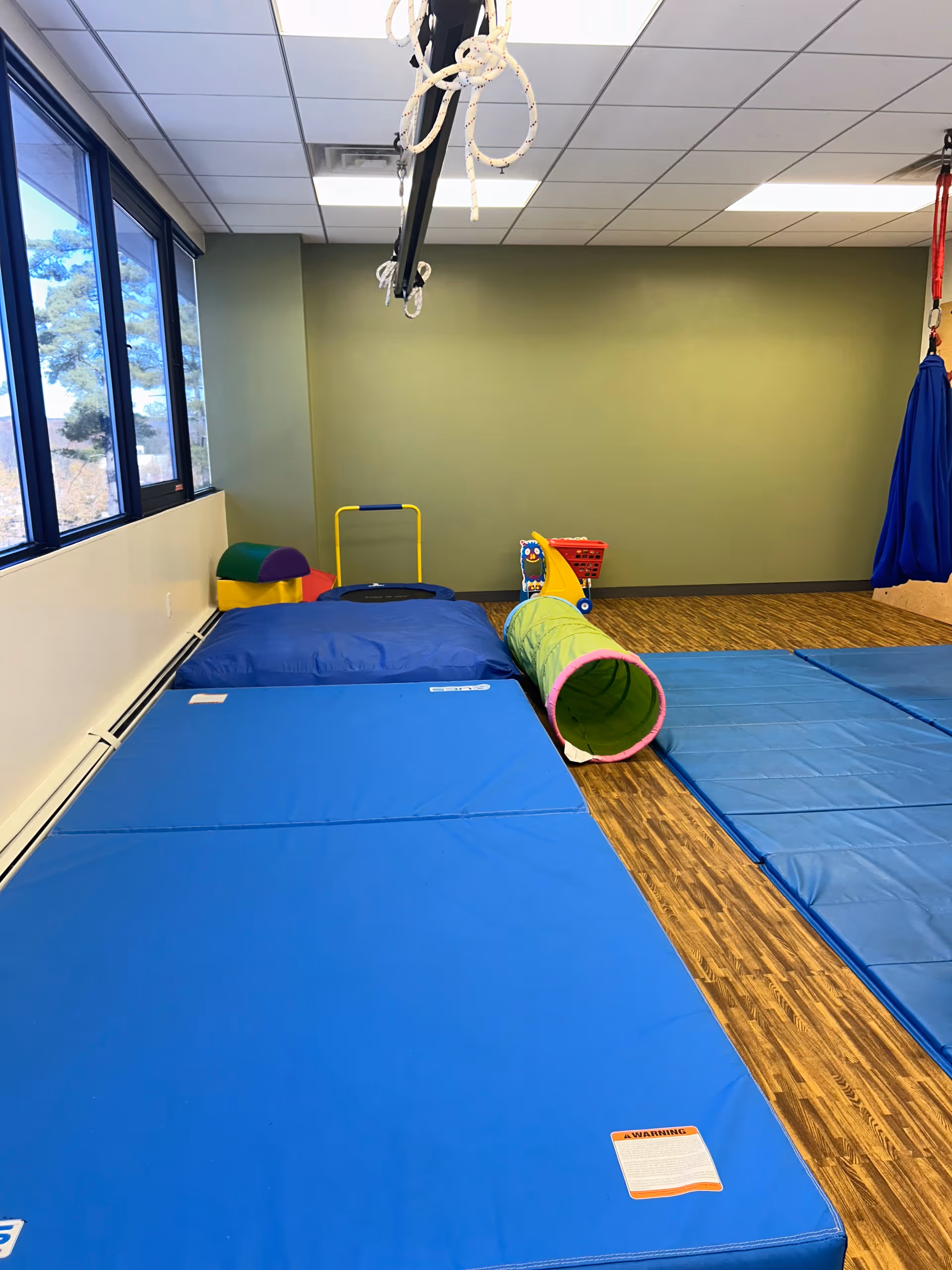 Indoor sensory gym with blue mats, tunnels, and hanging apparatus.