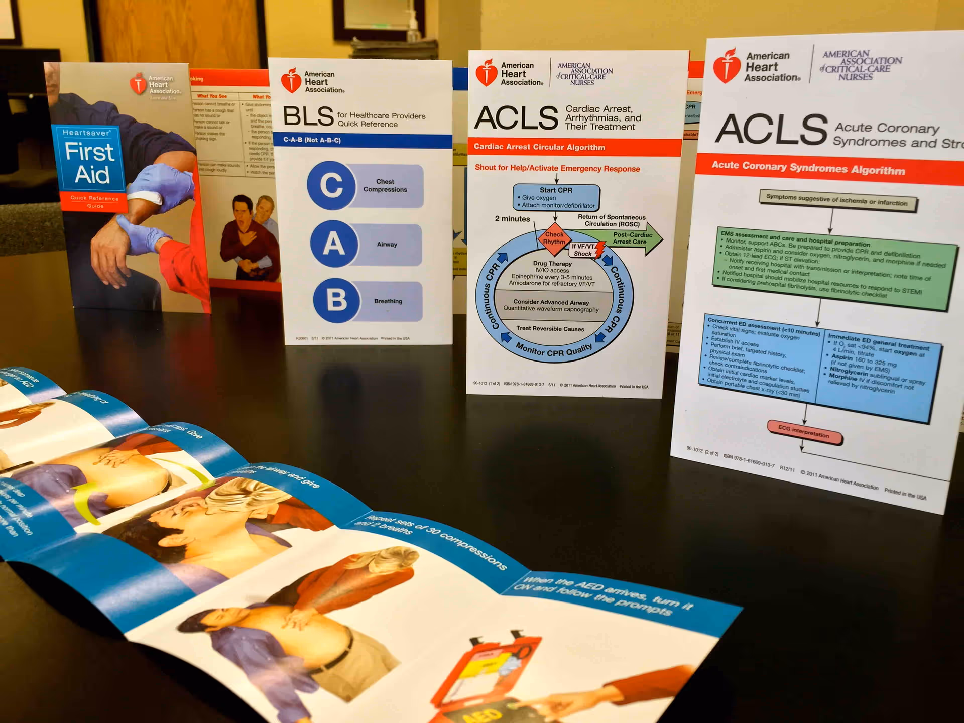 Indoor tabletop display of CPR training pamphlets and medical education brochures.