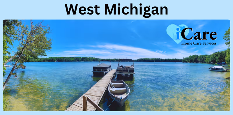Wooden dock extends into a clear lake with boats and blue sky, iCare logo in corner.