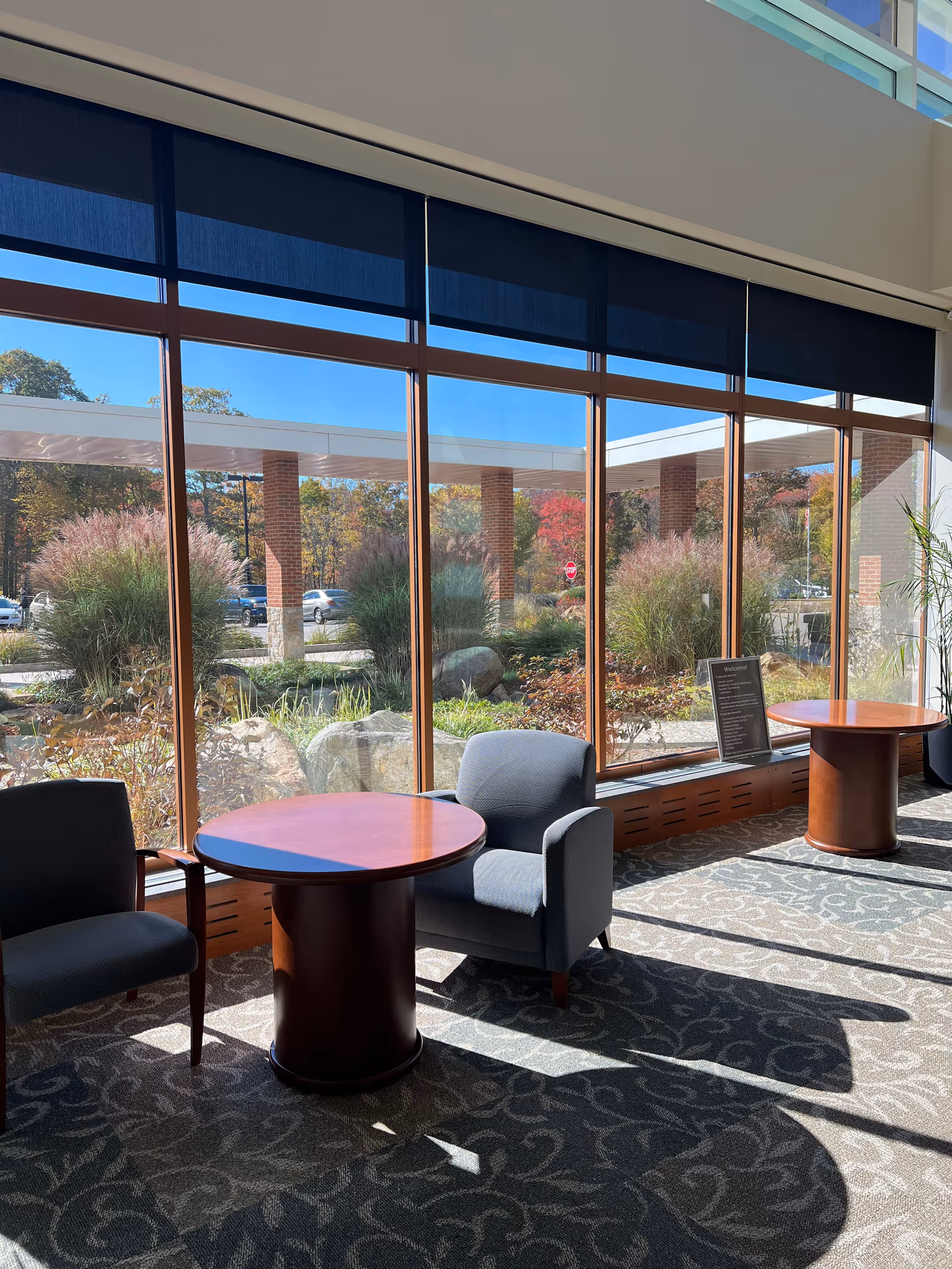 Sunlit hospital lobby with blue chairs, round wooden tables, and large windows.