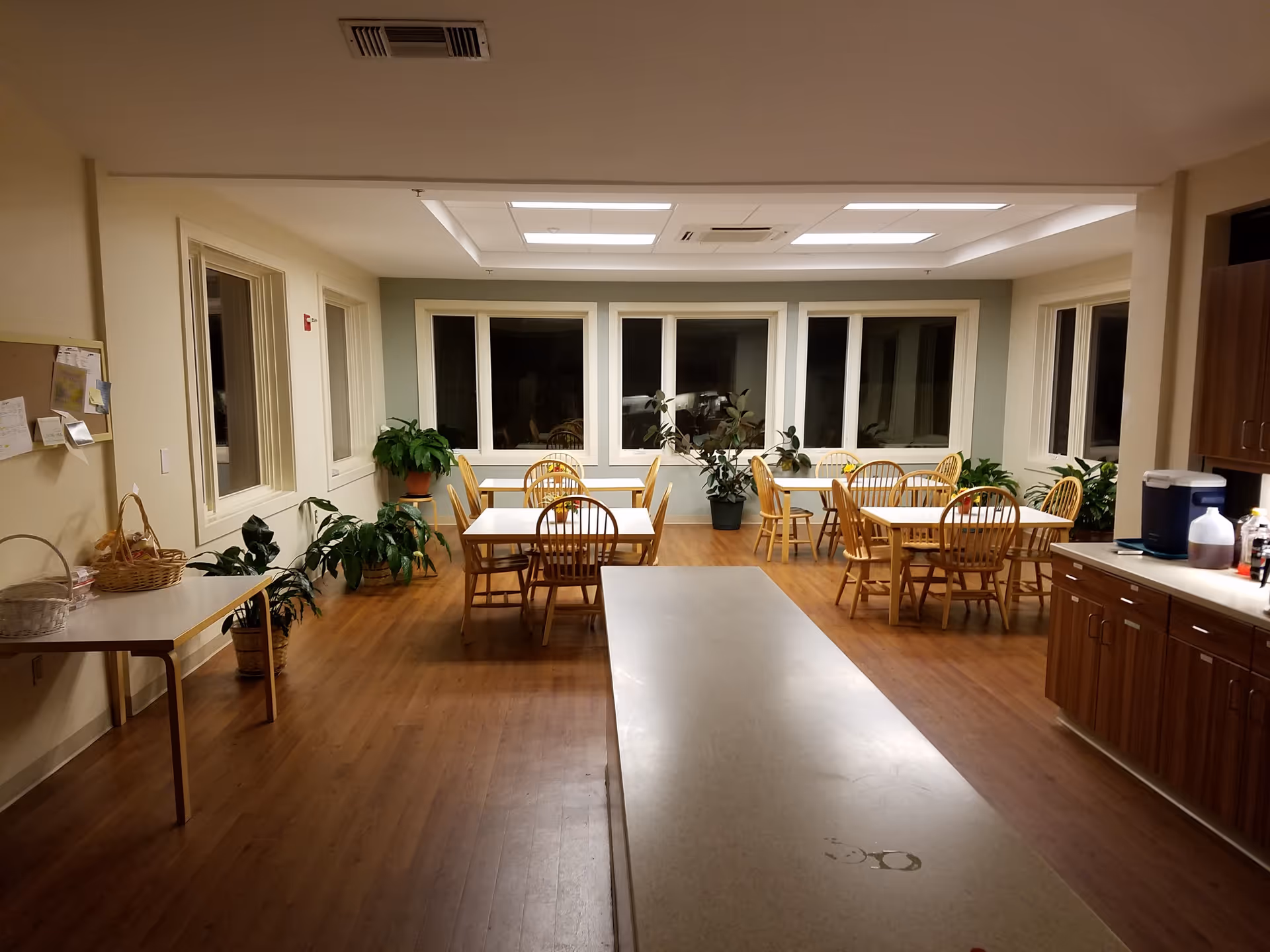 Interior dining area with wooden tables, chairs, plants, and large windows