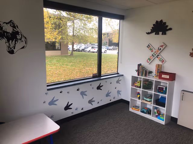 Bright playroom corner with window, shelves of toys, and nature-themed wall decals.