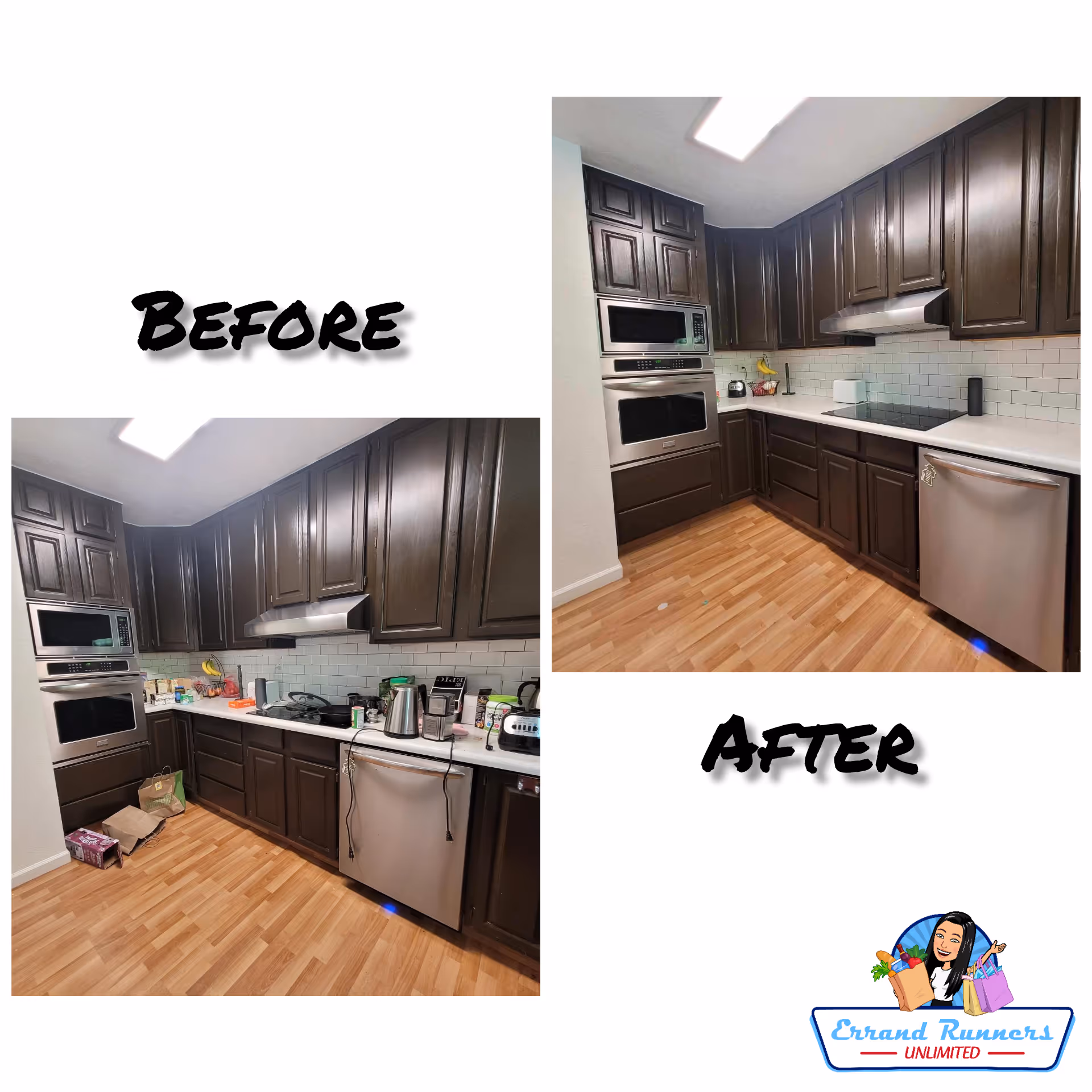 Collage shows an L-shaped kitchen with dark cabinets and stainless appliances before and after.