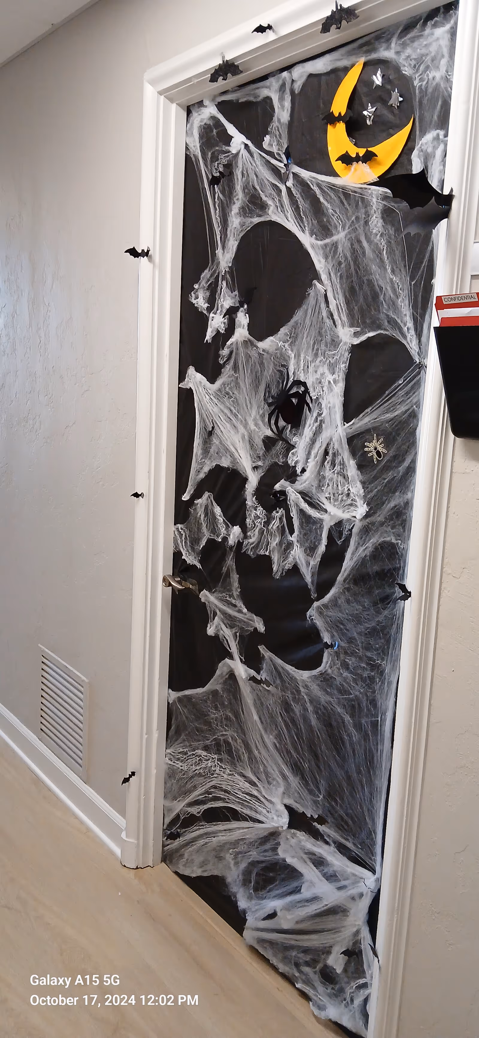 Interior hallway door decorated with spider webs and a Halloween moon.