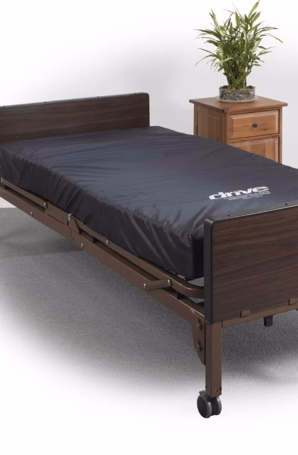 Adjustable hospital-style bed with dark wood frame in a bedroom, beside a nightstand and plant.