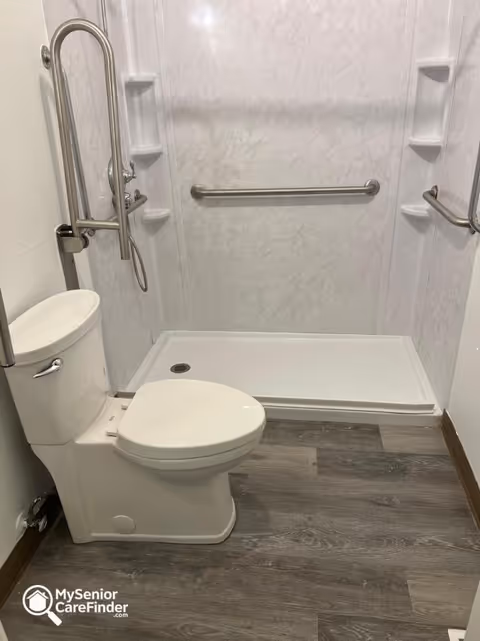 Accessible bathroom featuring a shower stall, grab bars, and a toilet.