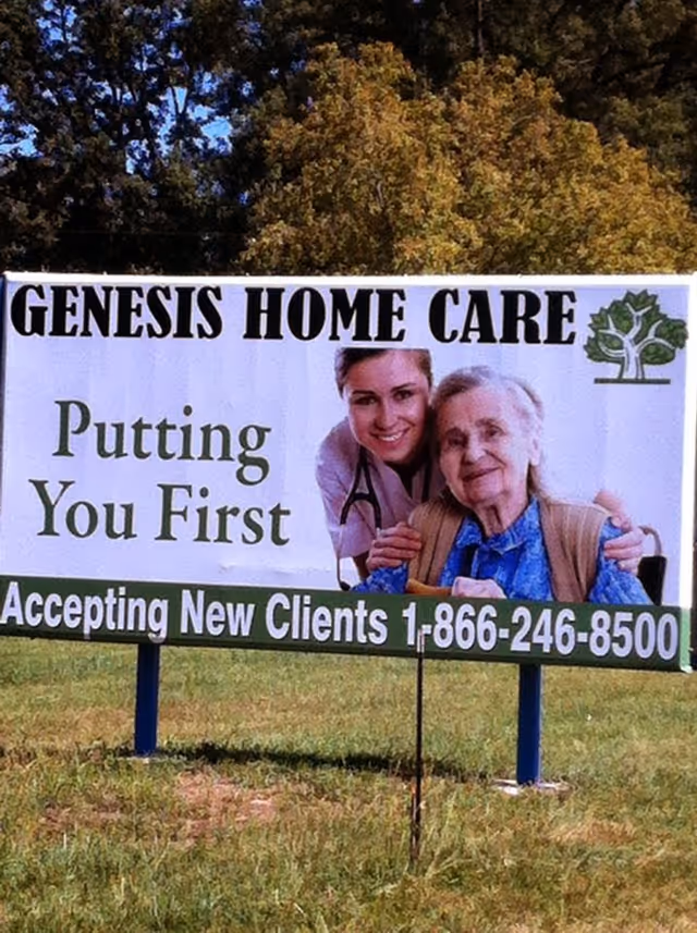 Outdoor billboard advertising Genesis Home Care with caregiver and elderly patient, slogan, and contact number.