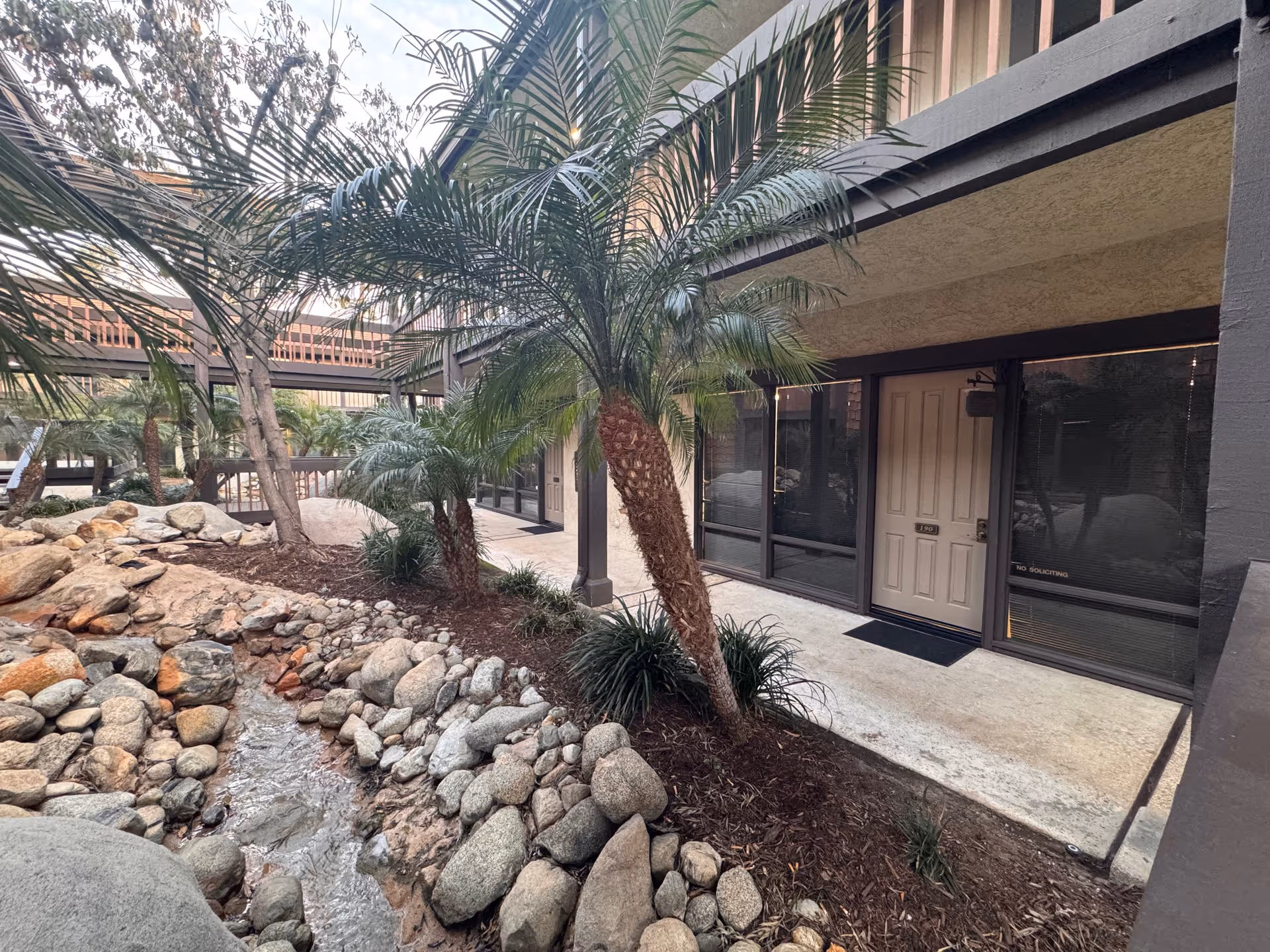 Outdoor walkway beside Life Health Care Medical Group building with palm trees and rocks.
