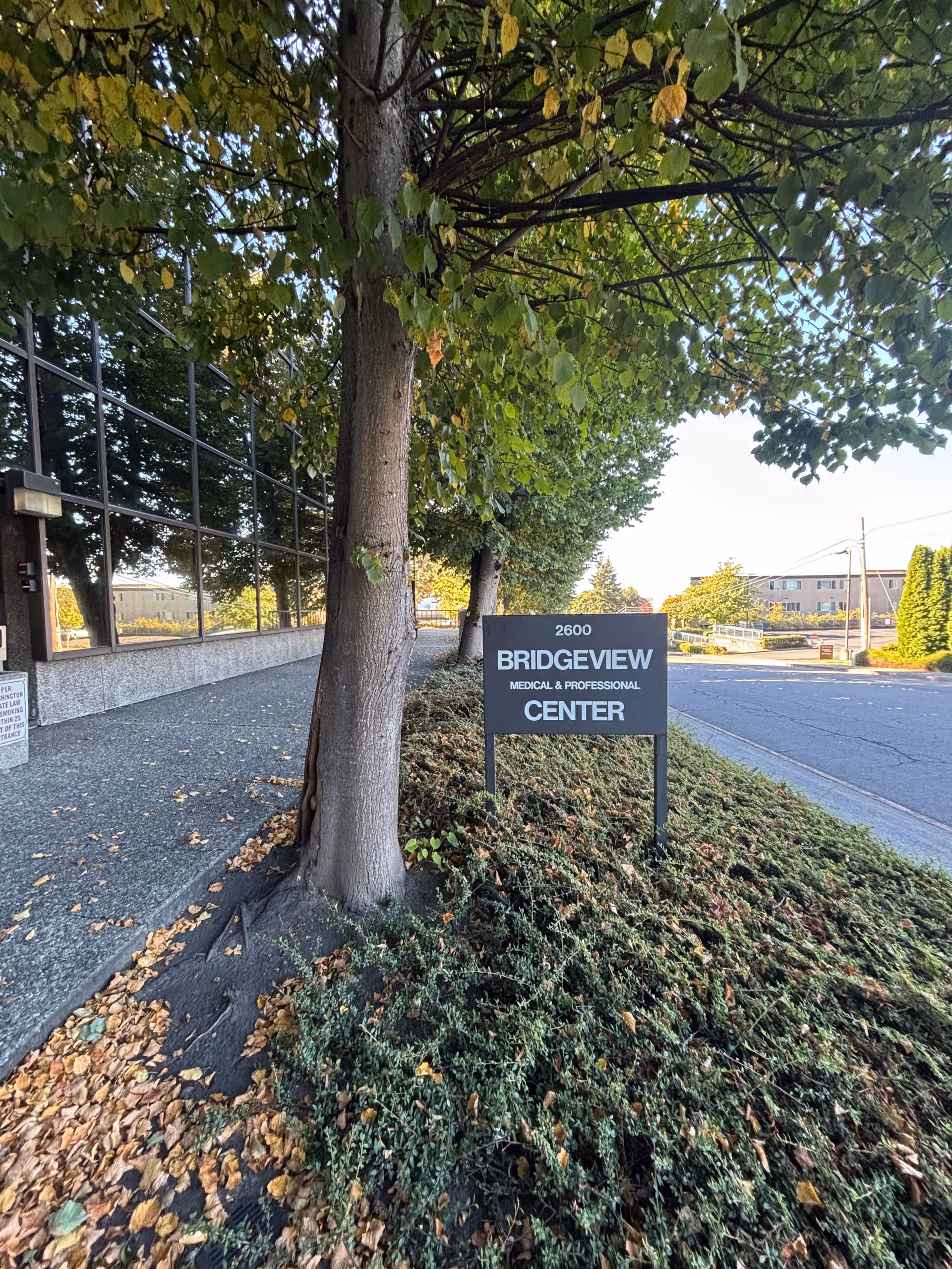 Exterior view of a building entrance with a Bridgeview Center sign and trees.