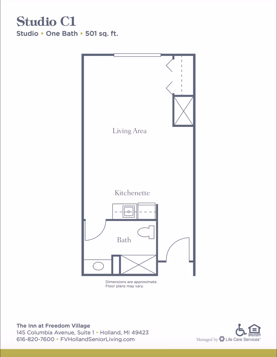 Studio floor plan showing living area, kitchenette, and bathroom layout.