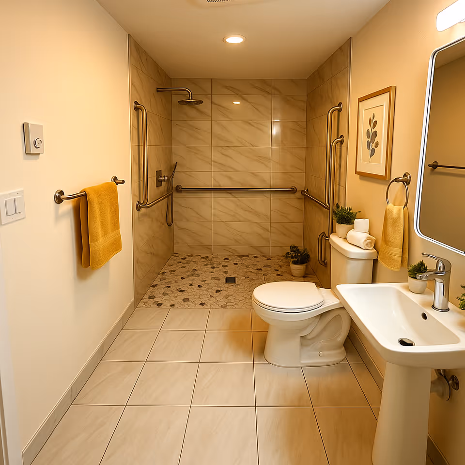 Accessible bathroom with walk-in shower, grab bars, toilet, sink, and beige tiles.
