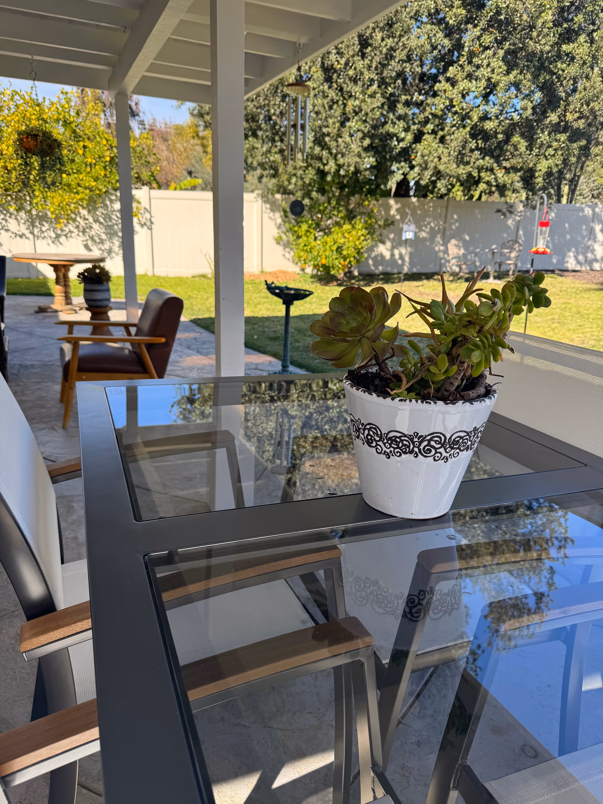 Outdoor patio with glass table, potted succulent, chairs, and a fenced backyard.